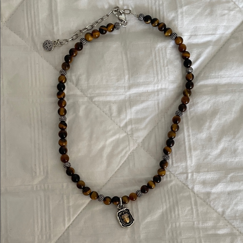 Tiger Eye Beaded Necklace with Silver Charm - Brown